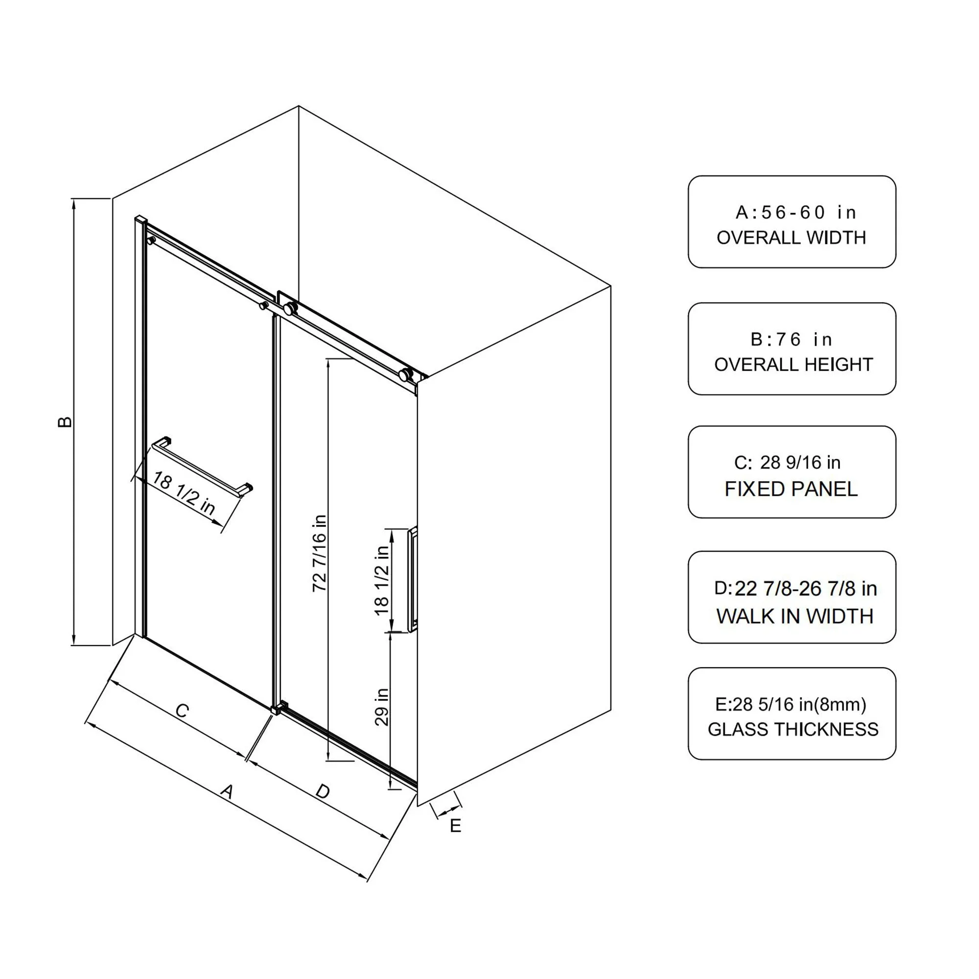 56-60"W x 76"H Sliding Shower Door, Frameless Glass Shower Door with Hardware, Towel Bar, and Handle