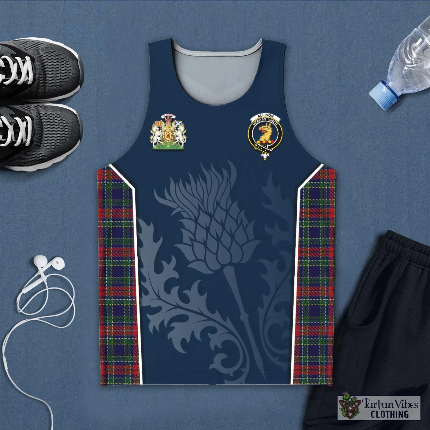 Allison Red Tartan Men's Tanks Top with Family Crest and Scottish Thistle Vibes Sport Style