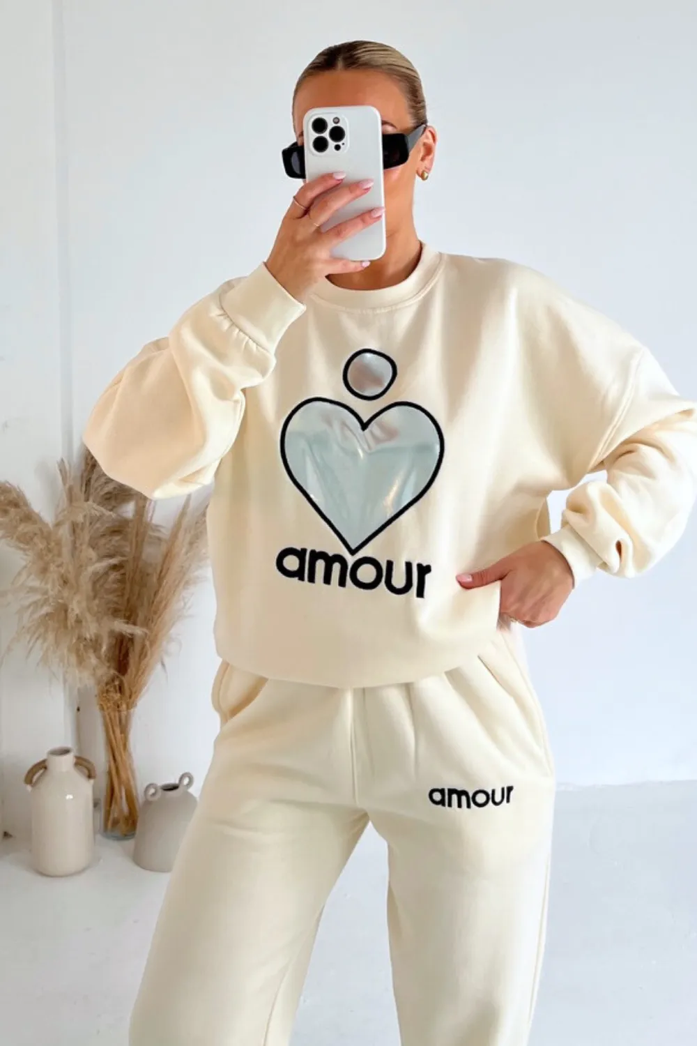 Amour ecru silver heart embroidered sweater joggers premium loungewear