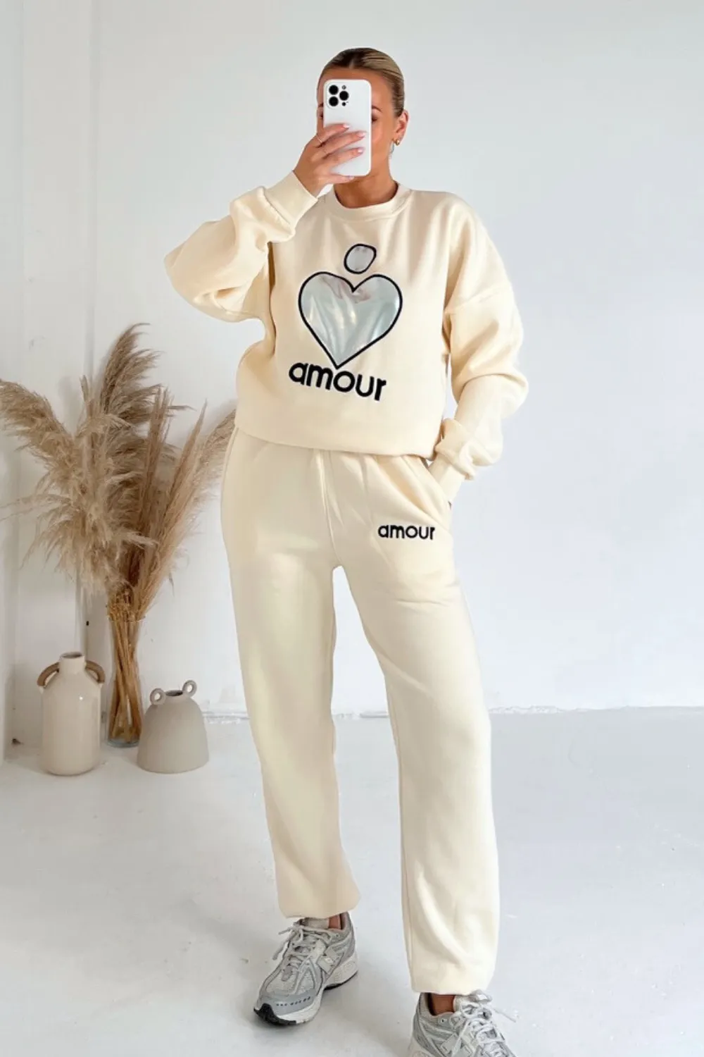 Amour ecru silver heart embroidered sweater joggers premium loungewear