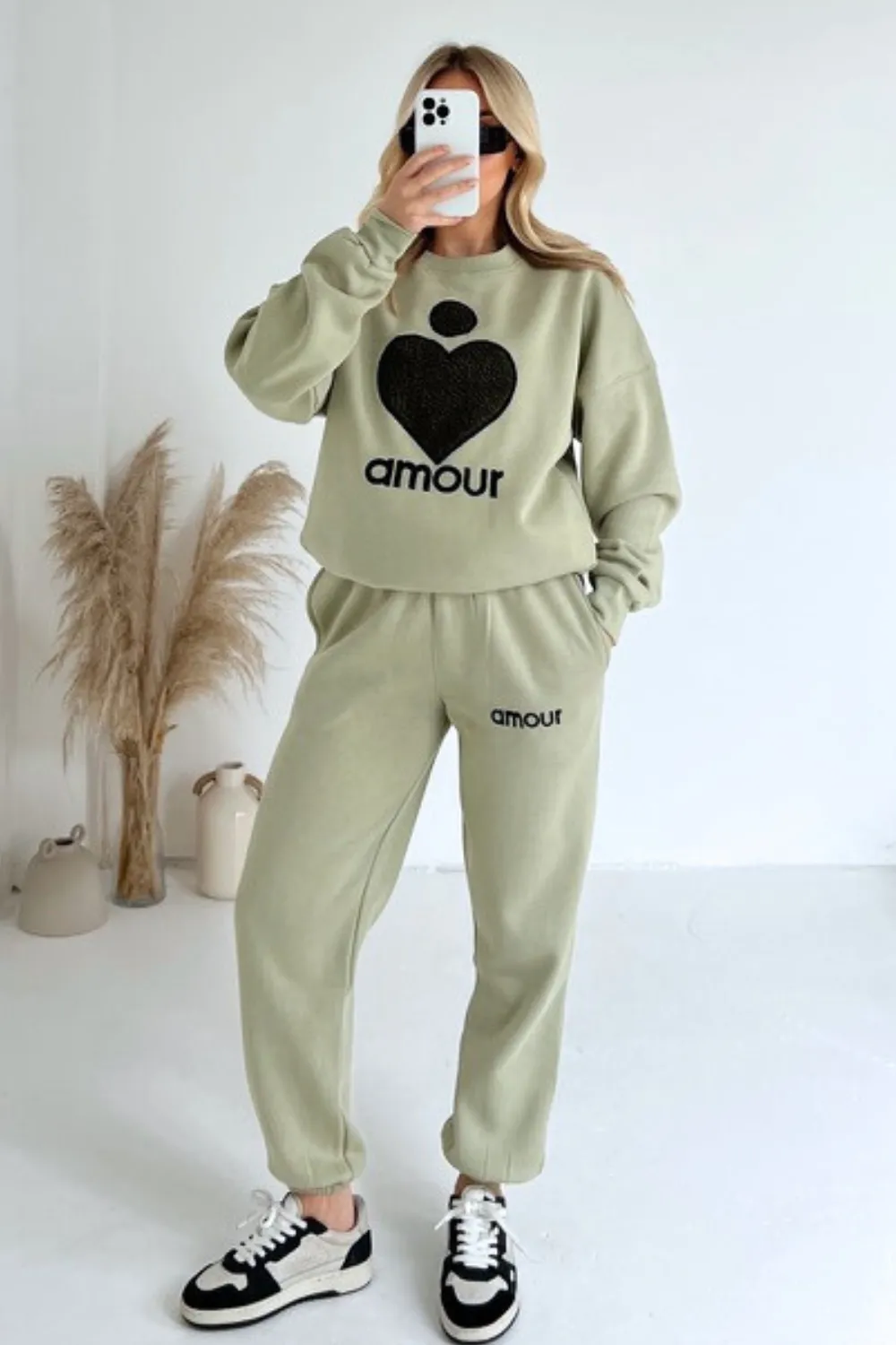 Amour sage teddy heart embroidered sweater joggers premium loungewear