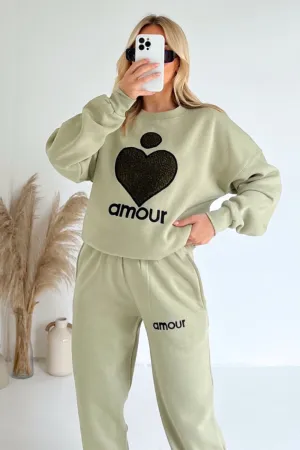 Amour sage teddy heart embroidered sweater joggers premium loungewear