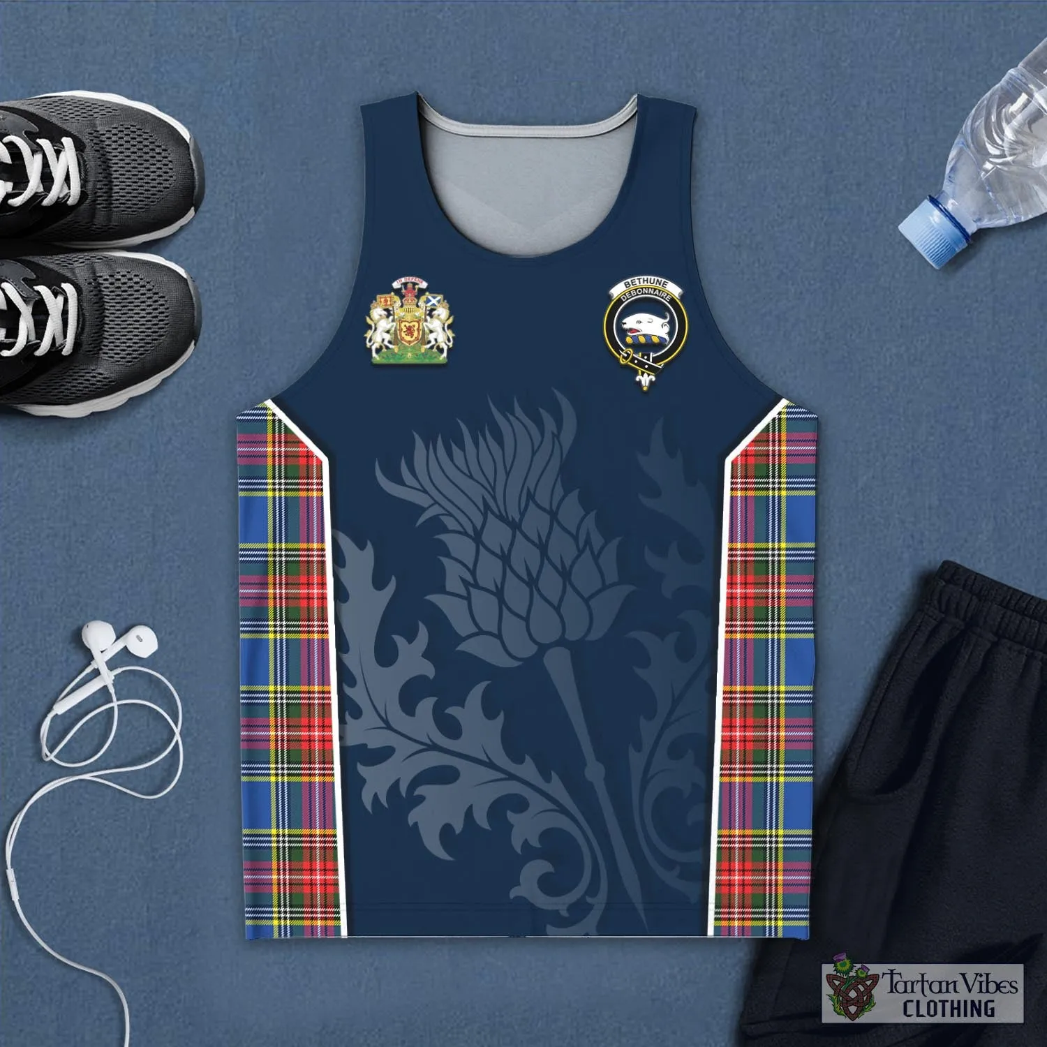 Bethune Tartan Men's Tanks Top with Family Crest and Scottish Thistle Vibes Sport Style