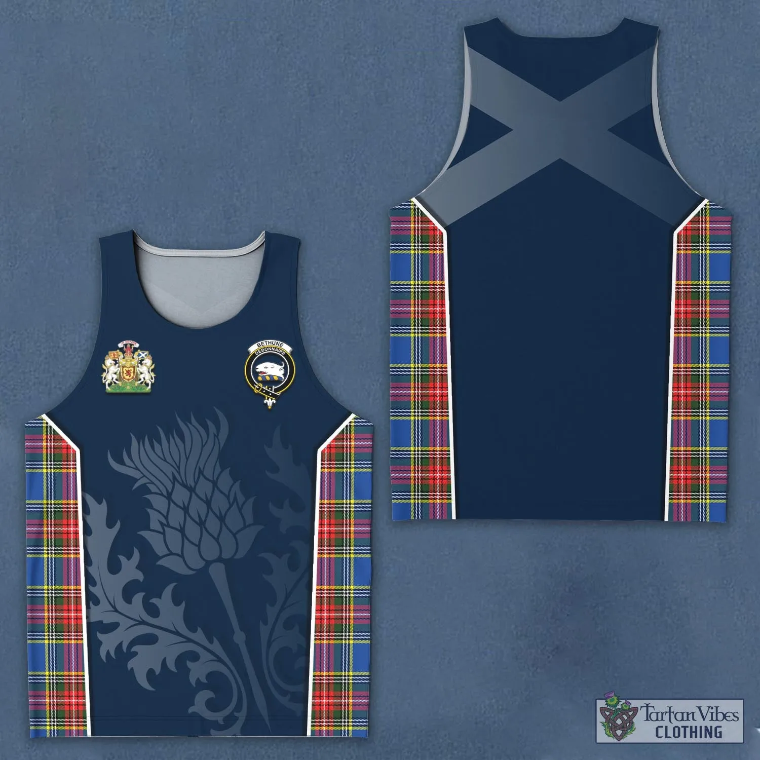 Bethune Tartan Men's Tanks Top with Family Crest and Scottish Thistle Vibes Sport Style