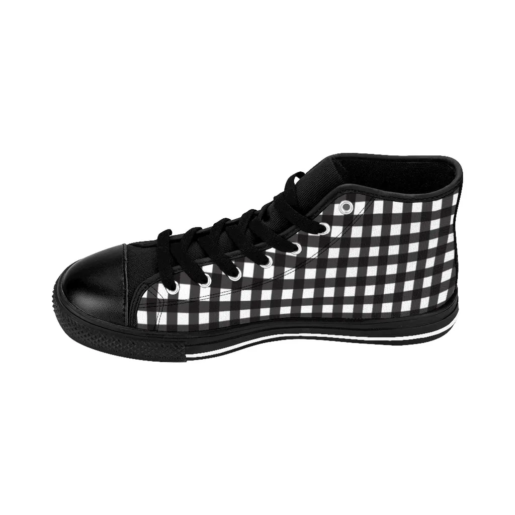 Black Buffalo Plaid Women's Sneakers, Plaid Print Designer High-top Sneakers Tennis Shoes