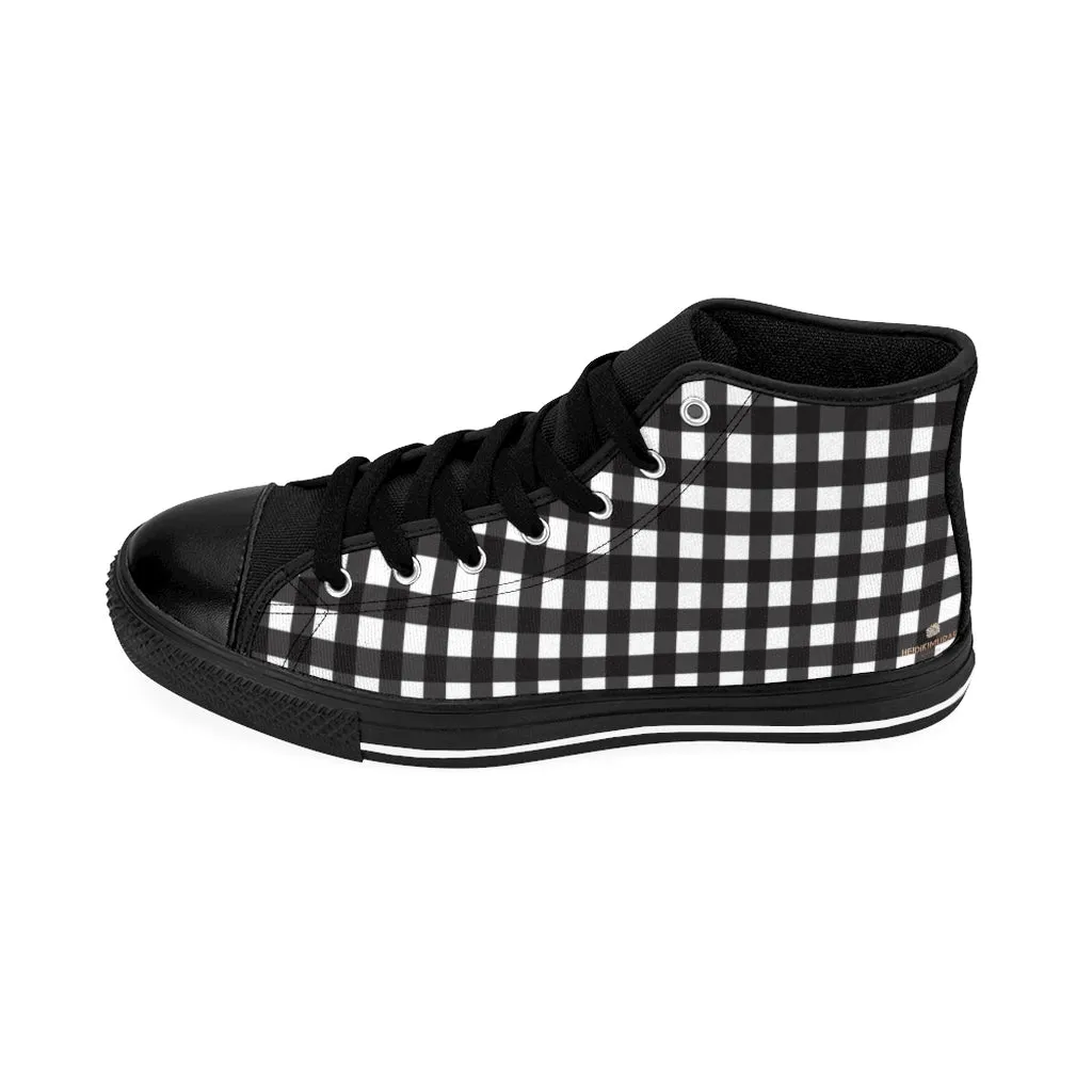 Black Buffalo Plaid Women's Sneakers, Plaid Print Designer High-top Sneakers Tennis Shoes