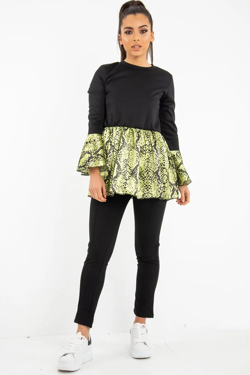 Black Lime Snake Print Flare Sleeve Peplum Top - Dhara