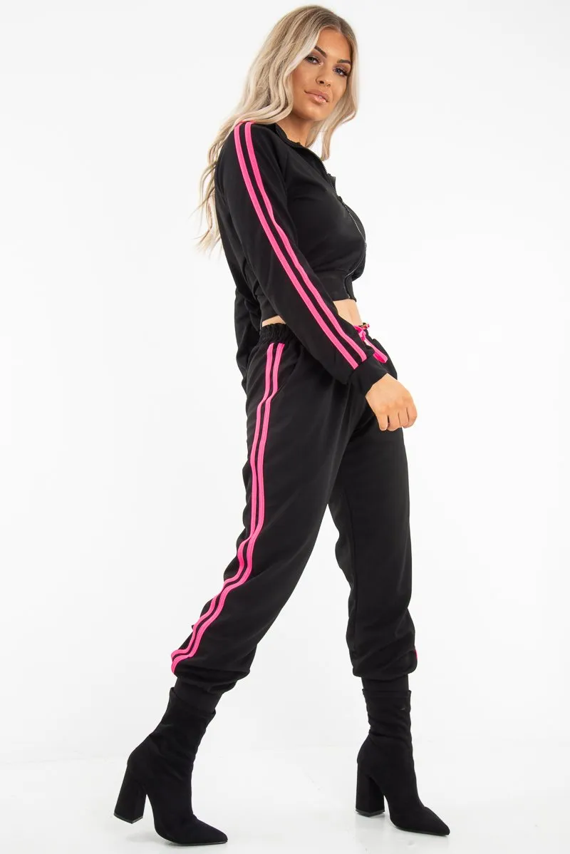 Black Neon Pink Double Stripe Tracksuit - Laurena