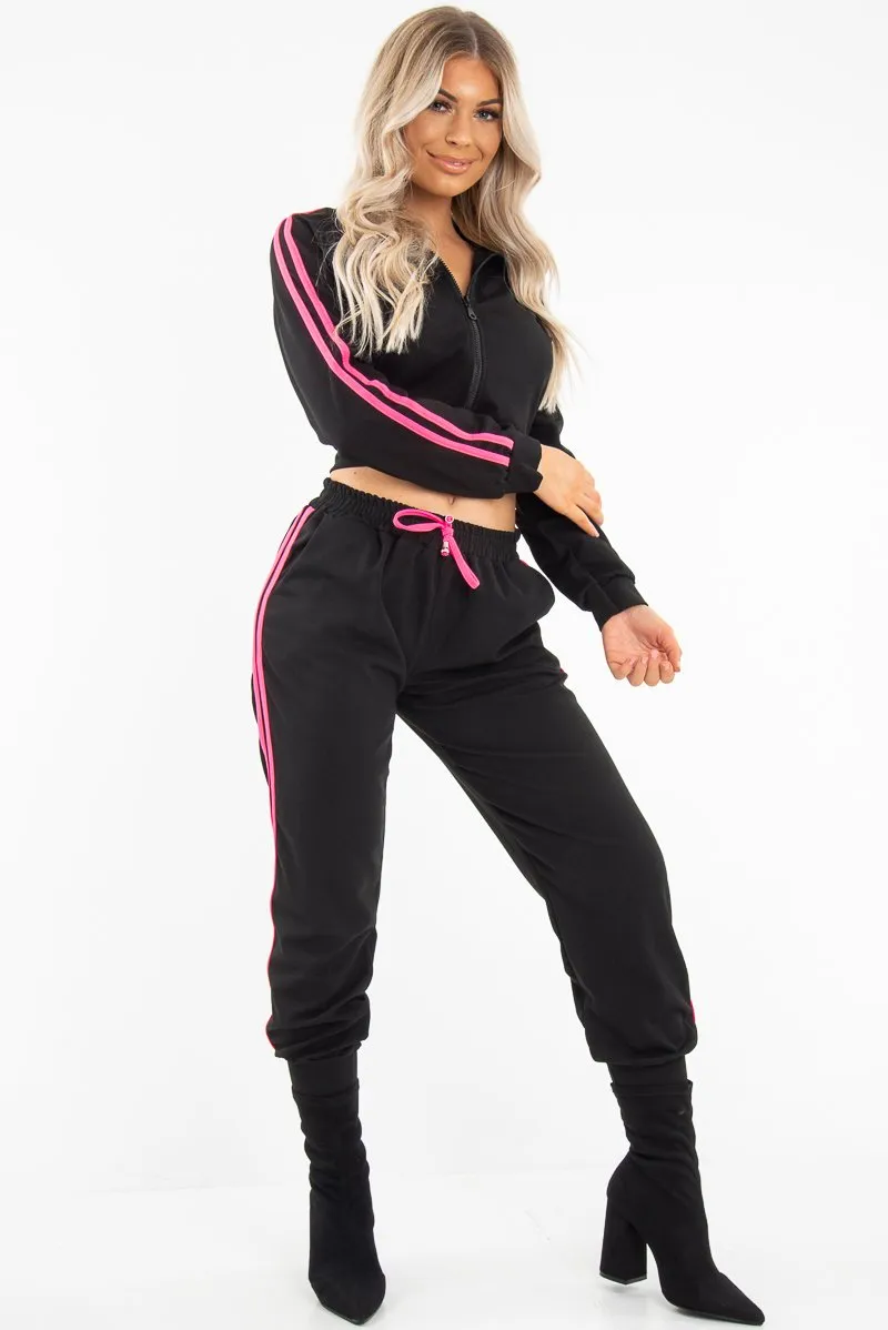 Black Neon Pink Double Stripe Tracksuit - Laurena