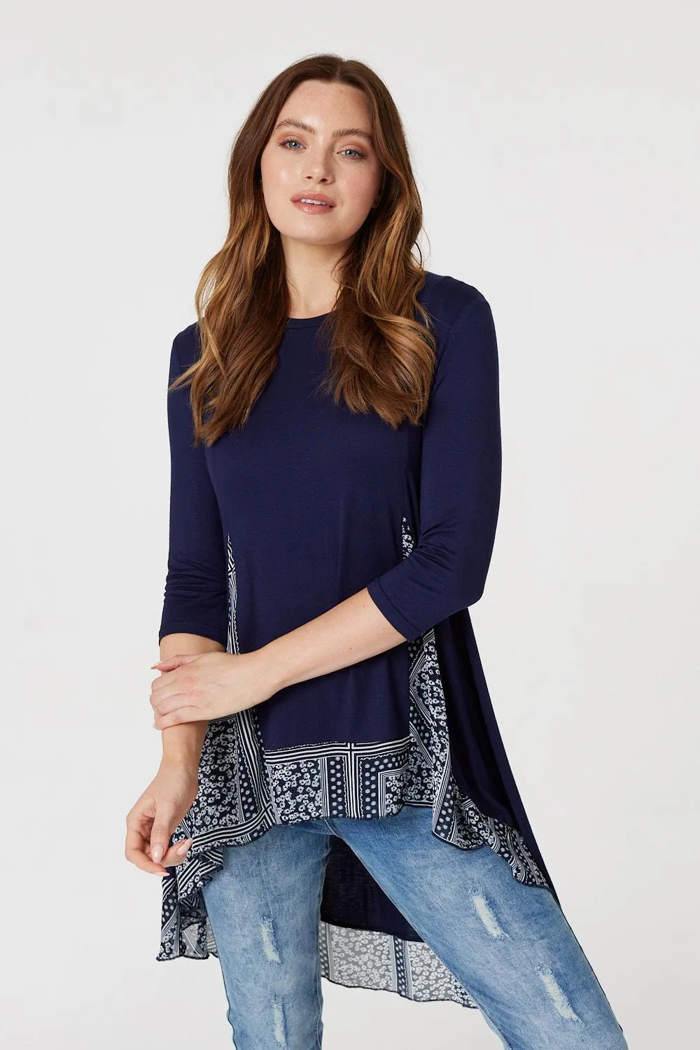 Border Print Drop Hem Tunic Top