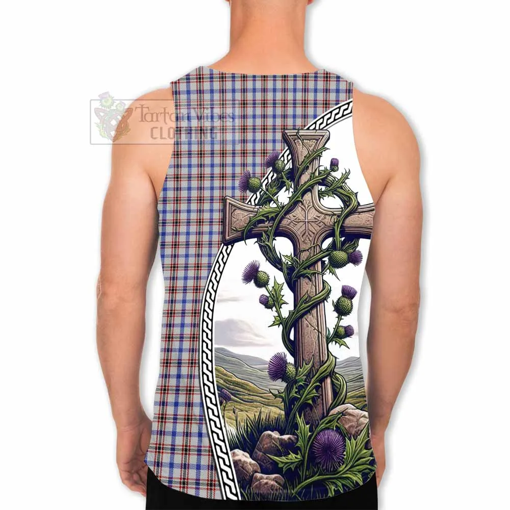 Boswell Tartan Men's Tank Top with Family Crest and St. Andrew's Cross Accented by Thistle Vines