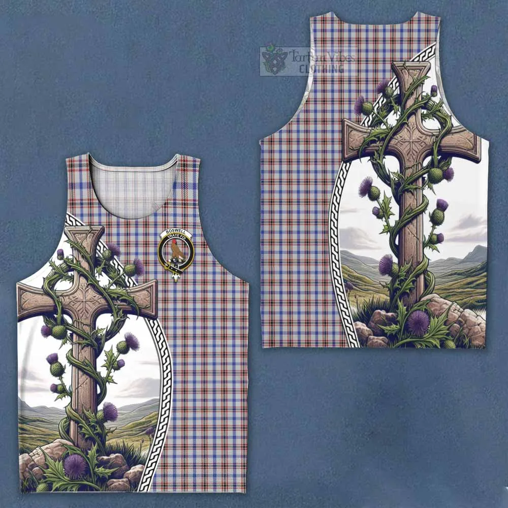 Boswell Tartan Men's Tank Top with Family Crest and St. Andrew's Cross Accented by Thistle Vines