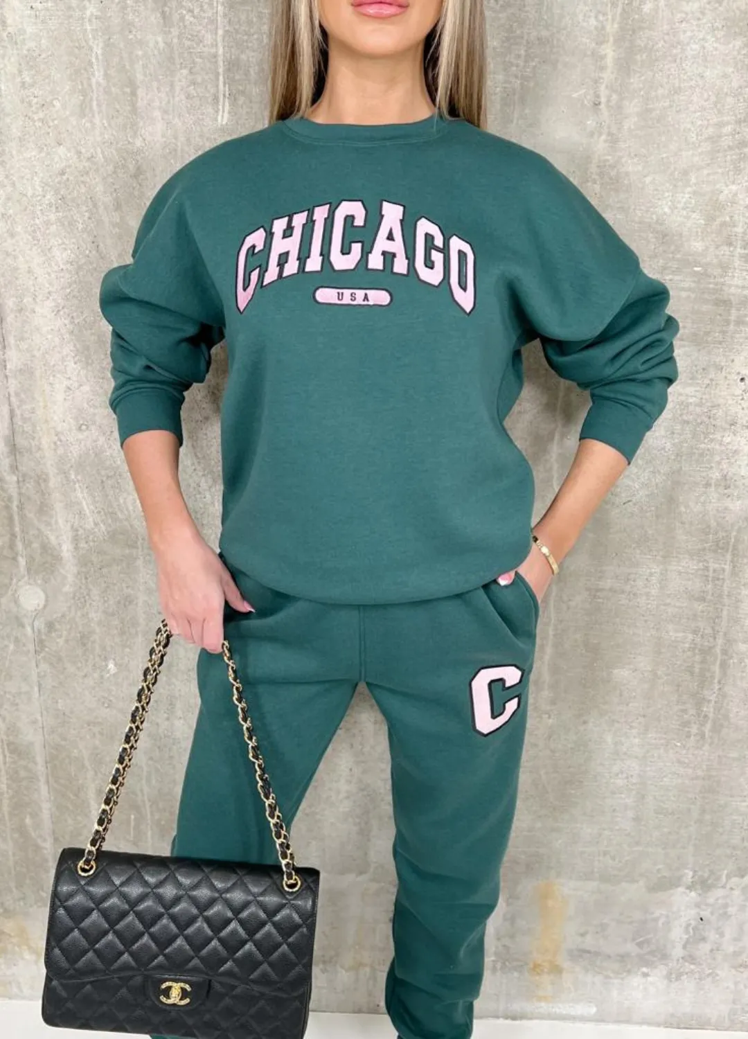 Chicago forest green printed sweater loungewear set