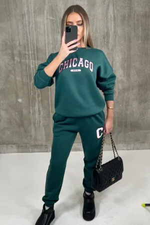 Chicago forest green printed sweater loungewear set