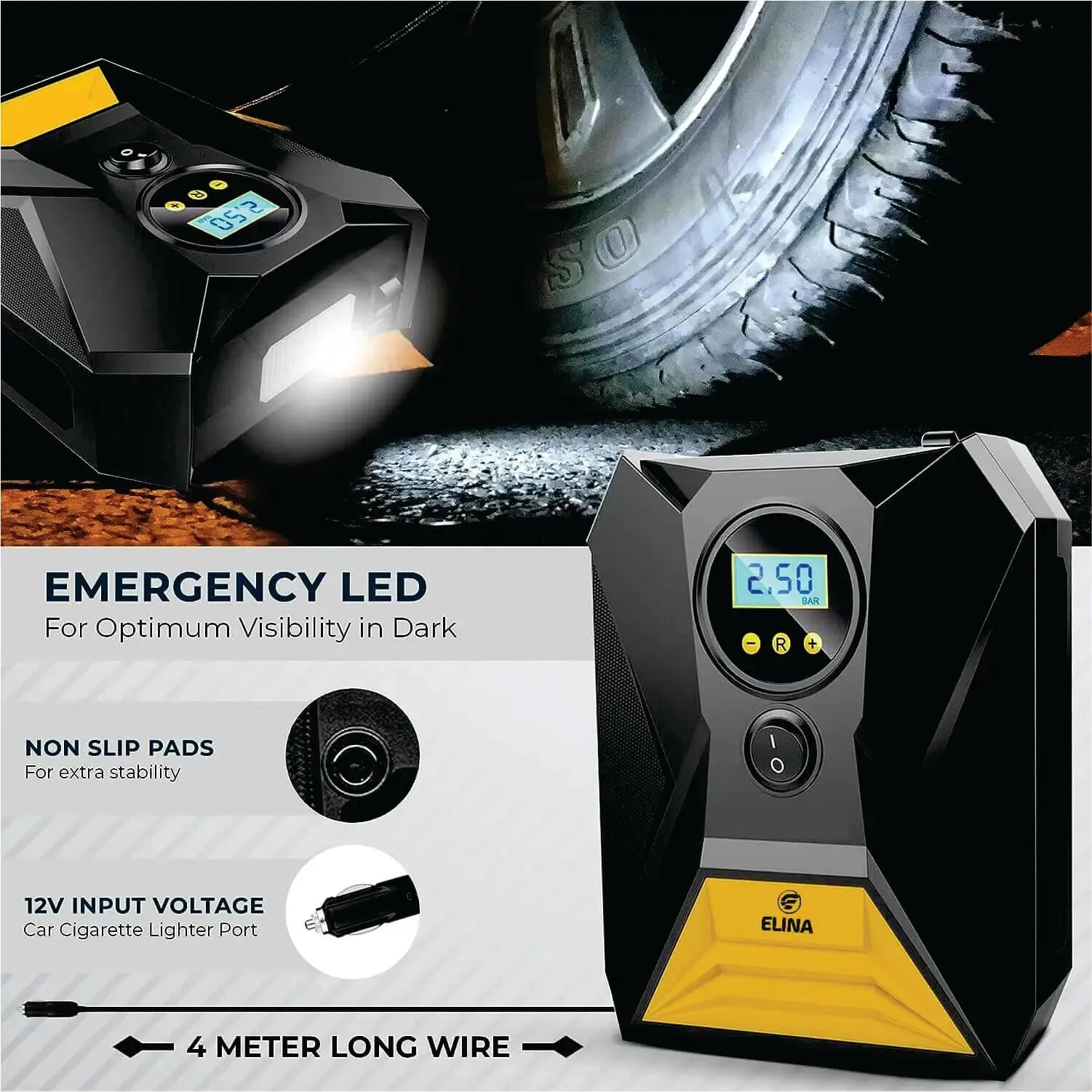 Elina Portable Tyre Inflator, 12V Car Cigarette Lighter Port