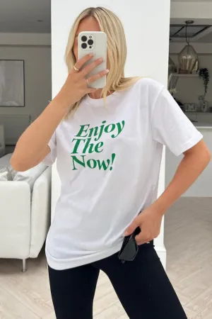 enjoy the now white & green printed tee