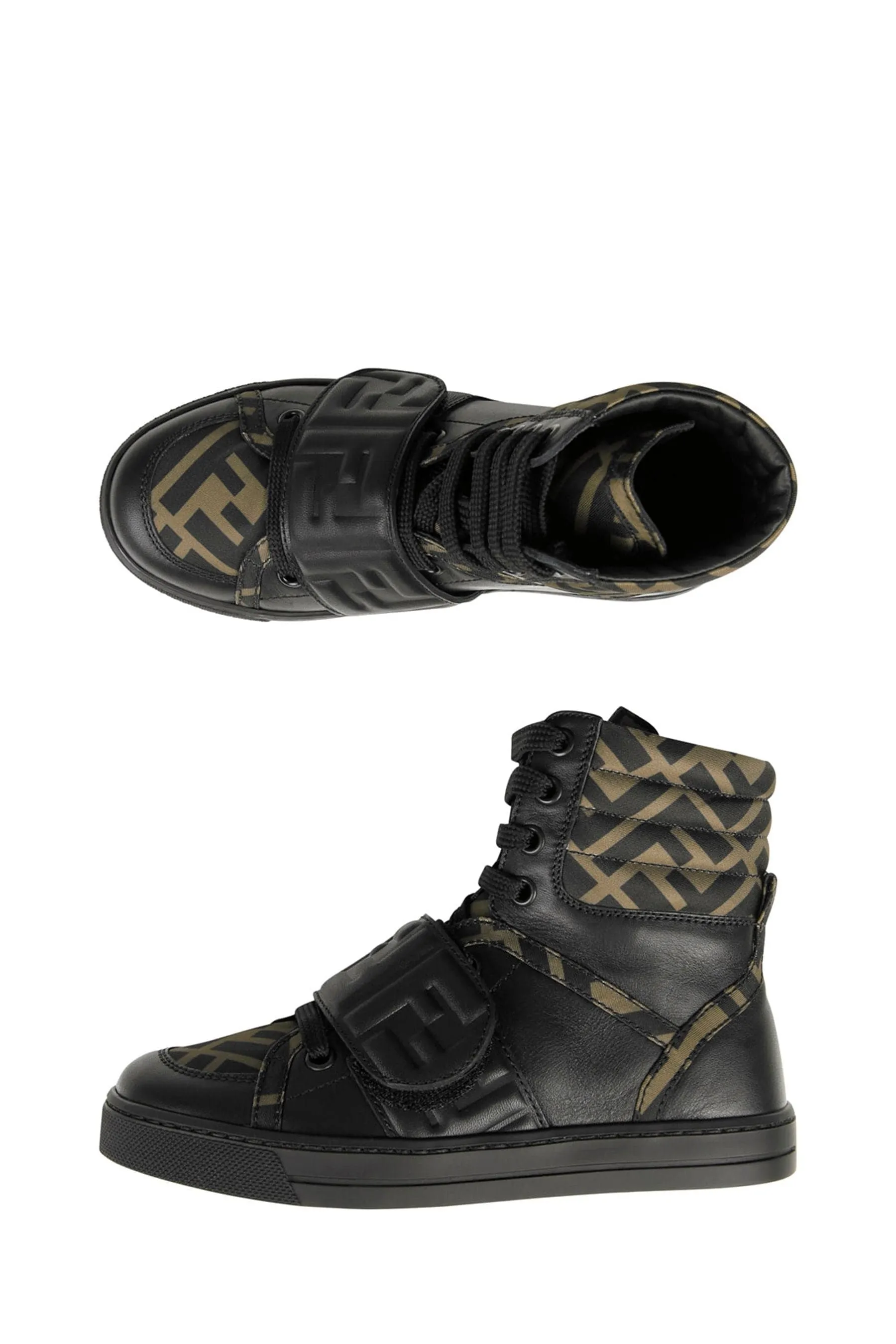 Fendi Kids Black & Brown Leather Logo Trainers