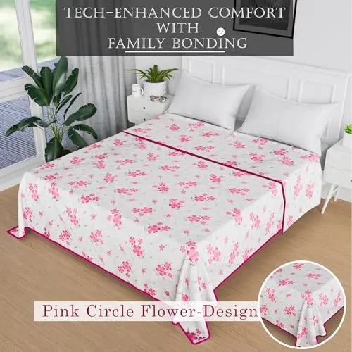 Fun Homes Blanket | Comforter Double Bed | Cotton Double Dohar | Reversible AC Comforter | Lightweight Dohar for Summer | All-Season Bed Blanket | Pink Circle Flower-Design | White