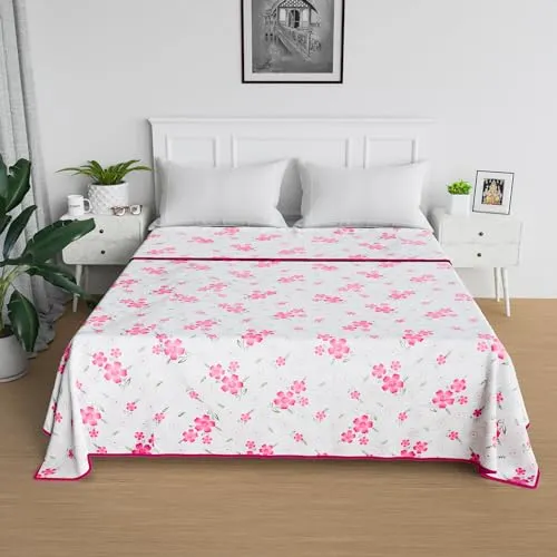 Fun Homes Blanket | Comforter Double Bed | Cotton Double Dohar | Reversible AC Comforter | Lightweight Dohar for Summer | All-Season Bed Blanket | Pink Circle Flower-Design | White