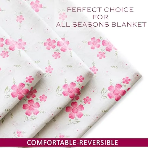 Fun Homes Blanket | Comforter Double Bed | Cotton Double Dohar | Reversible AC Comforter | Lightweight Dohar for Summer | All-Season Bed Blanket | Pink Circle Flower-Design | White