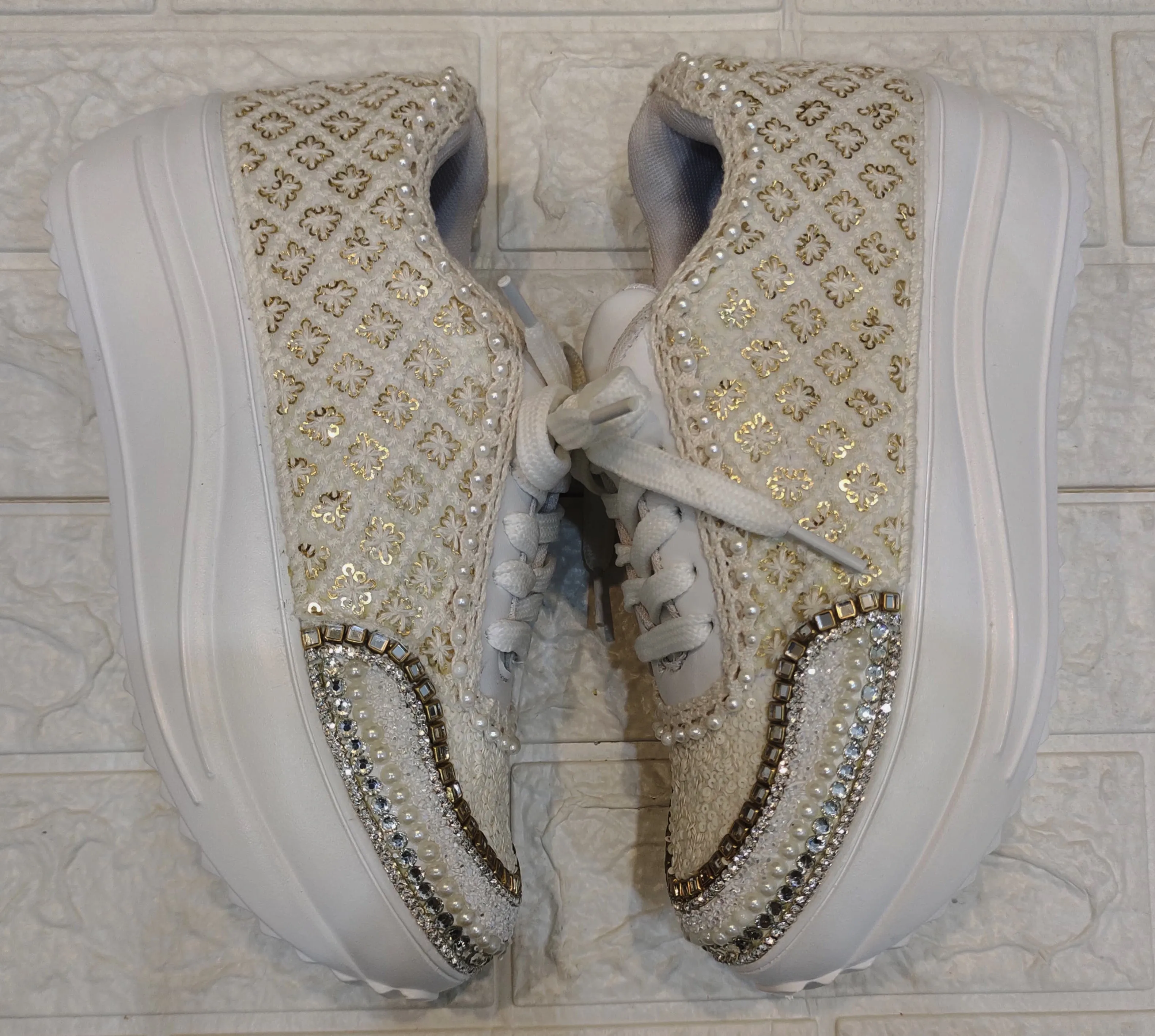 Funky N Trendy ivory / off white embroidery work bridal sneakers/ bridesmaid sneaker / hancrafted sneakers / gold sneakers / golden sneakers/ ivory sneakers