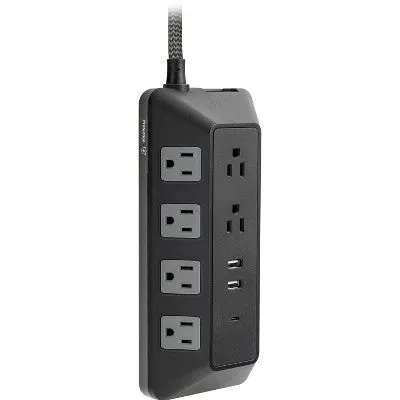 GE 10-Outlet Surge Protector 2 USB-A and 1 USB-C 3540J 4' Braided Cord Black