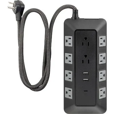 GE 10-Outlet Surge Protector 2 USB-A and 1 USB-C 3540J 4' Braided Cord Black