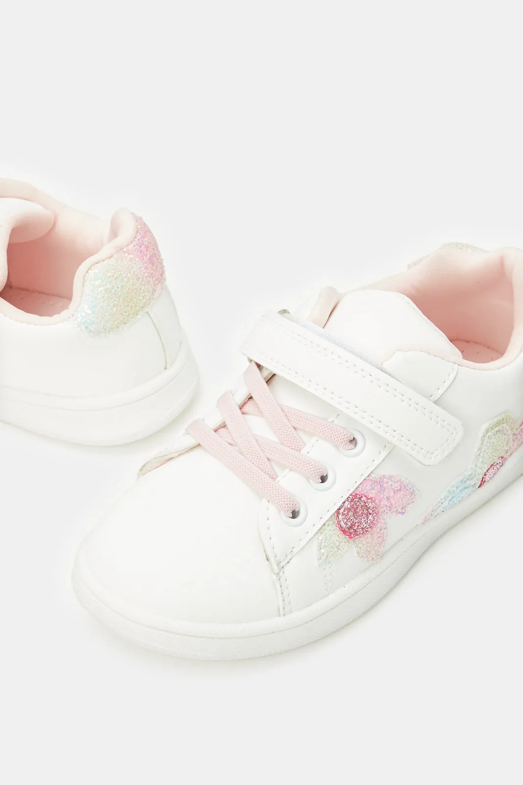 Girls White Floral Trim Sneaker