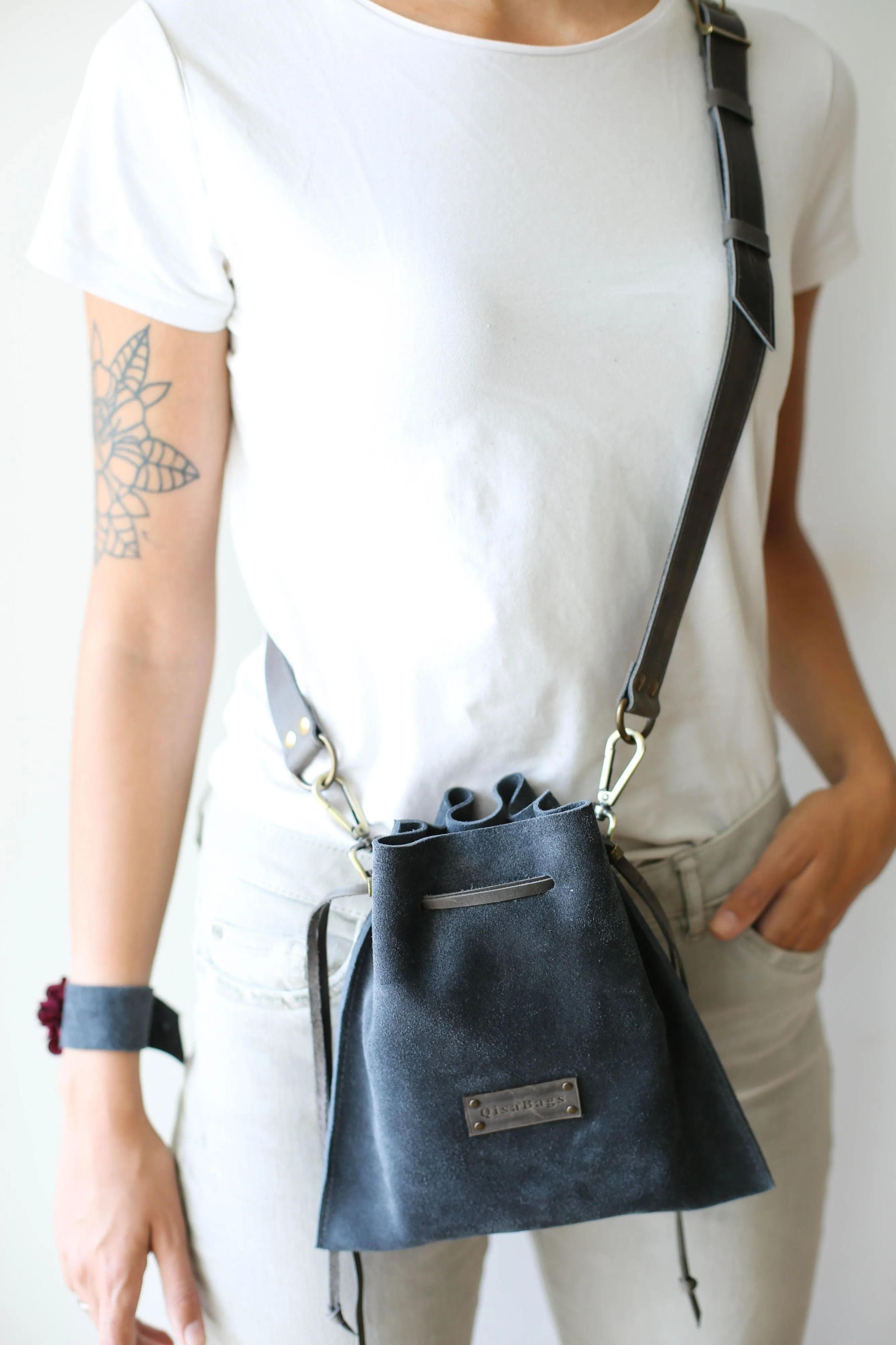 Gray Suede Cross Body Bag