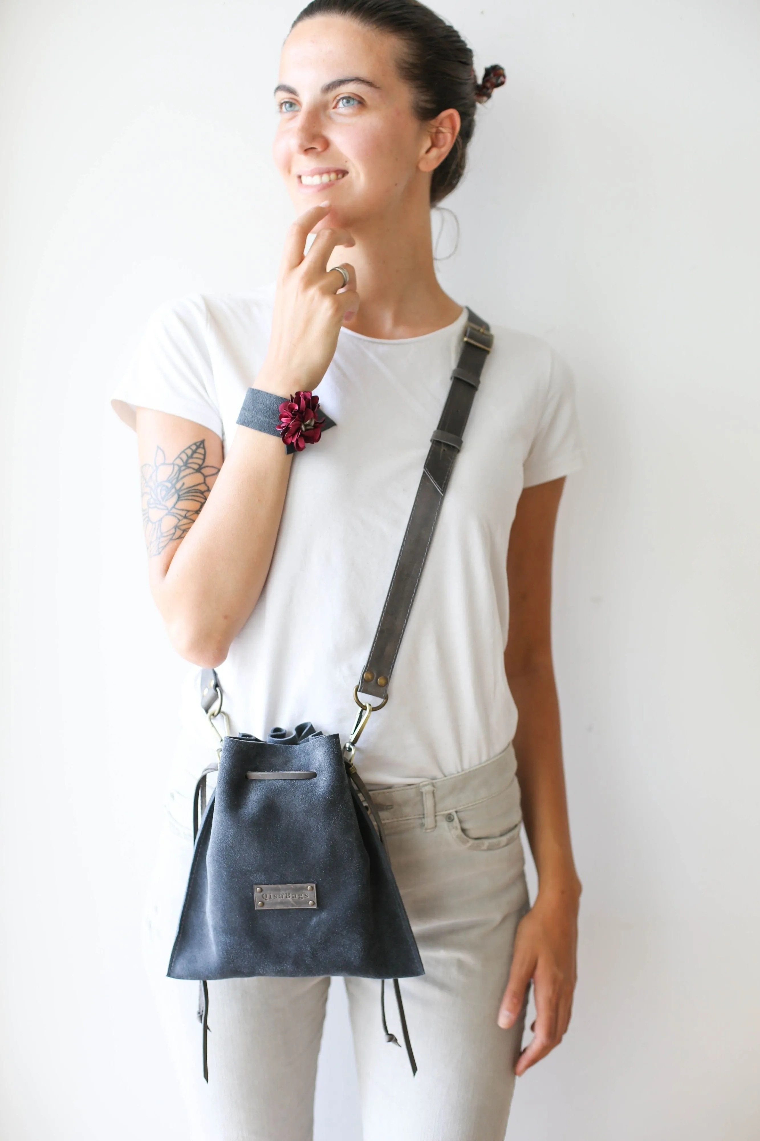 Gray Suede Cross Body Bag