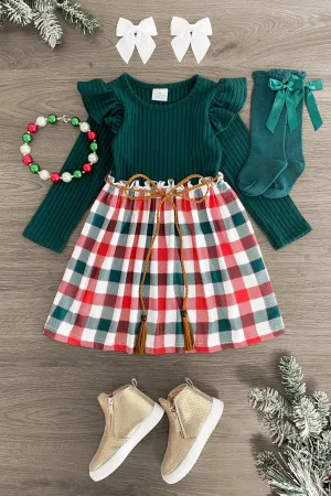 Green & Red Plaid Long Sleeve Dress