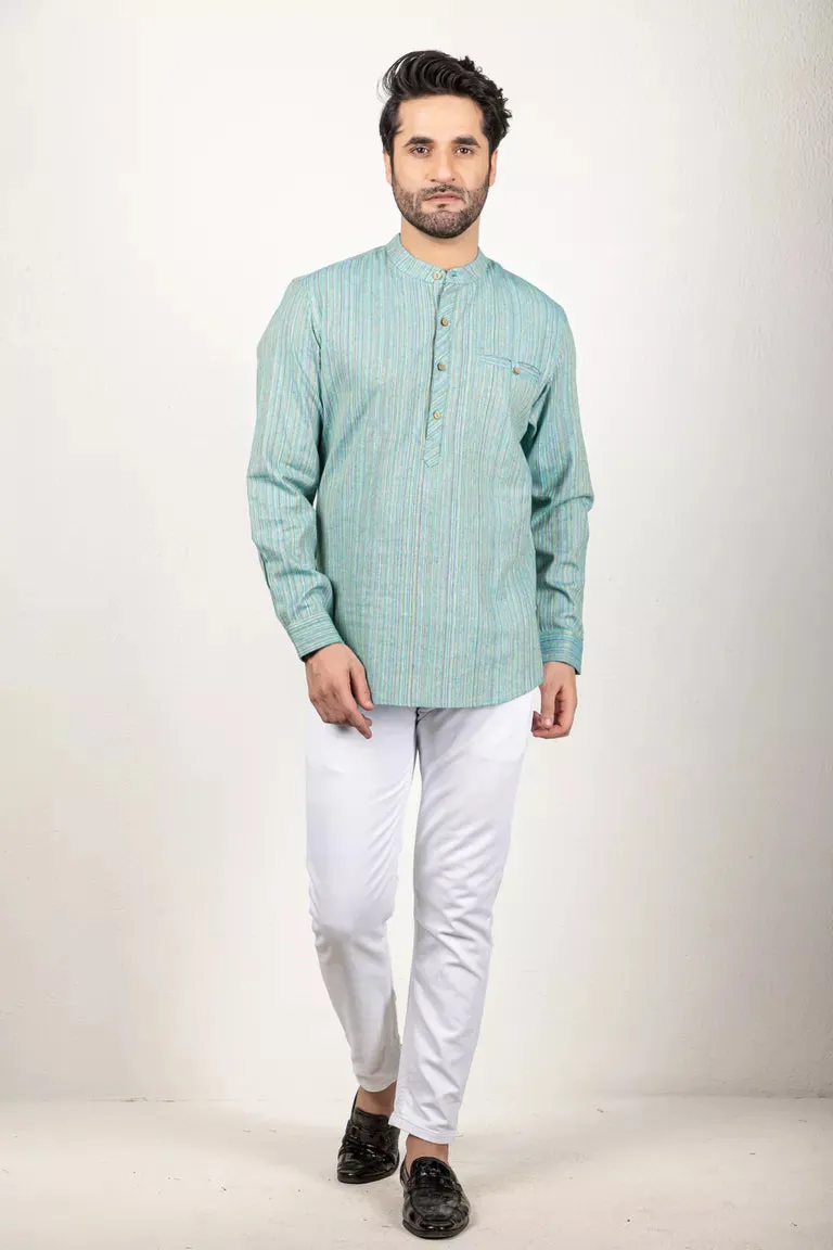 Green-Colored Woven Striped Short Kurta - 100% Cotton