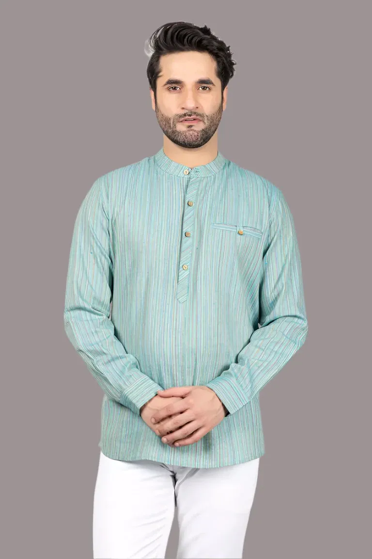 Green-Colored Woven Striped Short Kurta - 100% Cotton