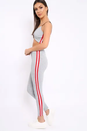 Grey Ribbed Contrast Side Stripe Co-ord - Kaity