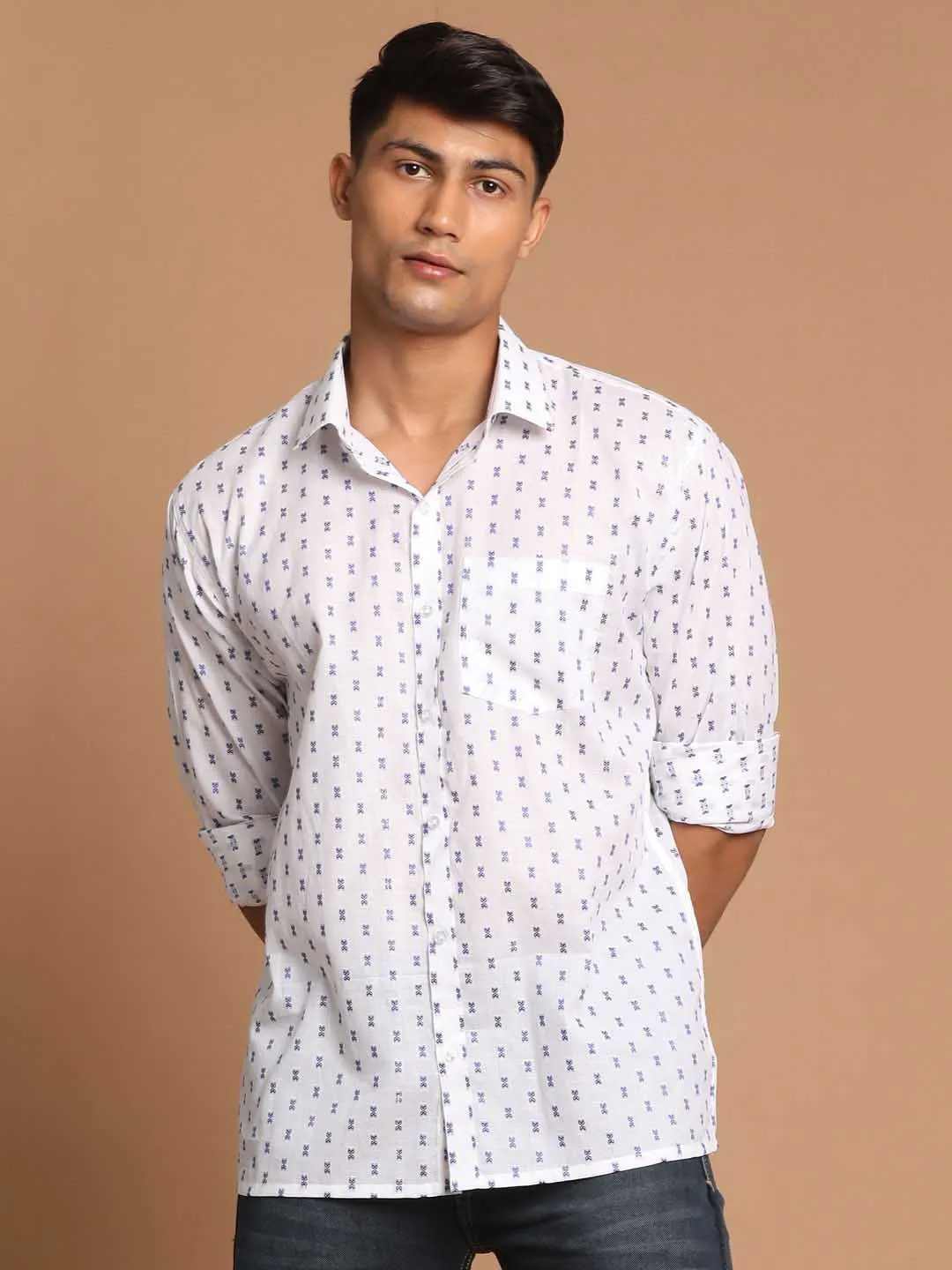 Jashvi Men's Blue And White Woven Design Cotton Shirt