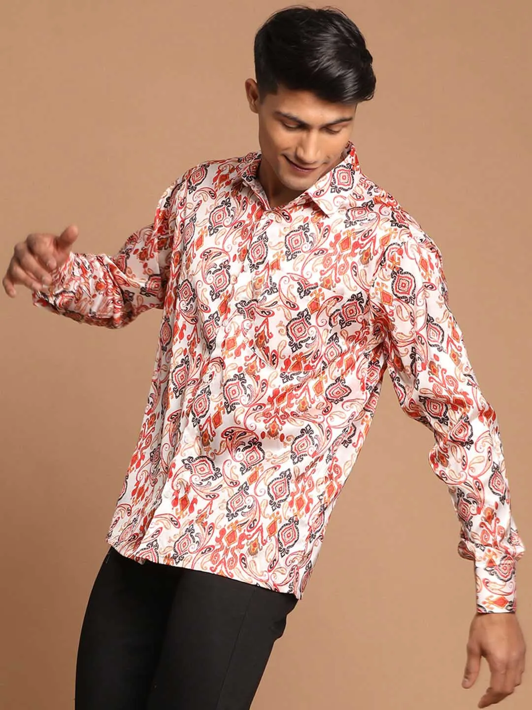 Jashvi Men's Cream Base Cotton Blend Printed Shirt