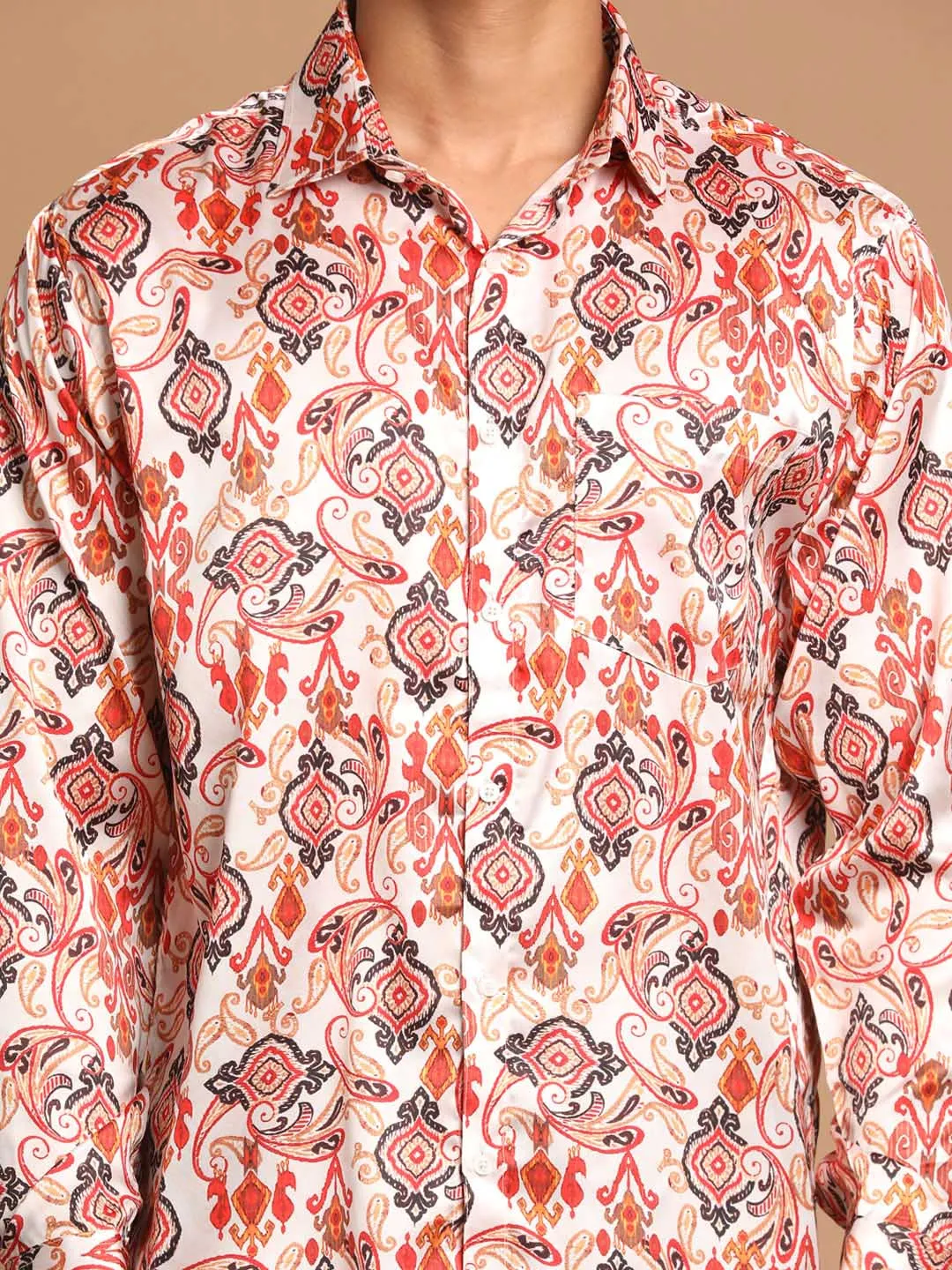 Jashvi Men's Cream Base Cotton Blend Printed Shirt