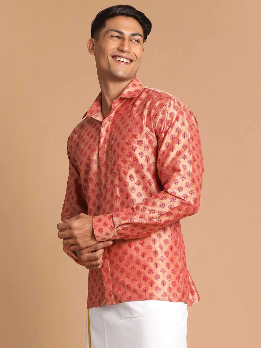 Jashvi Men's Pink Silk Blend Printed Shirt