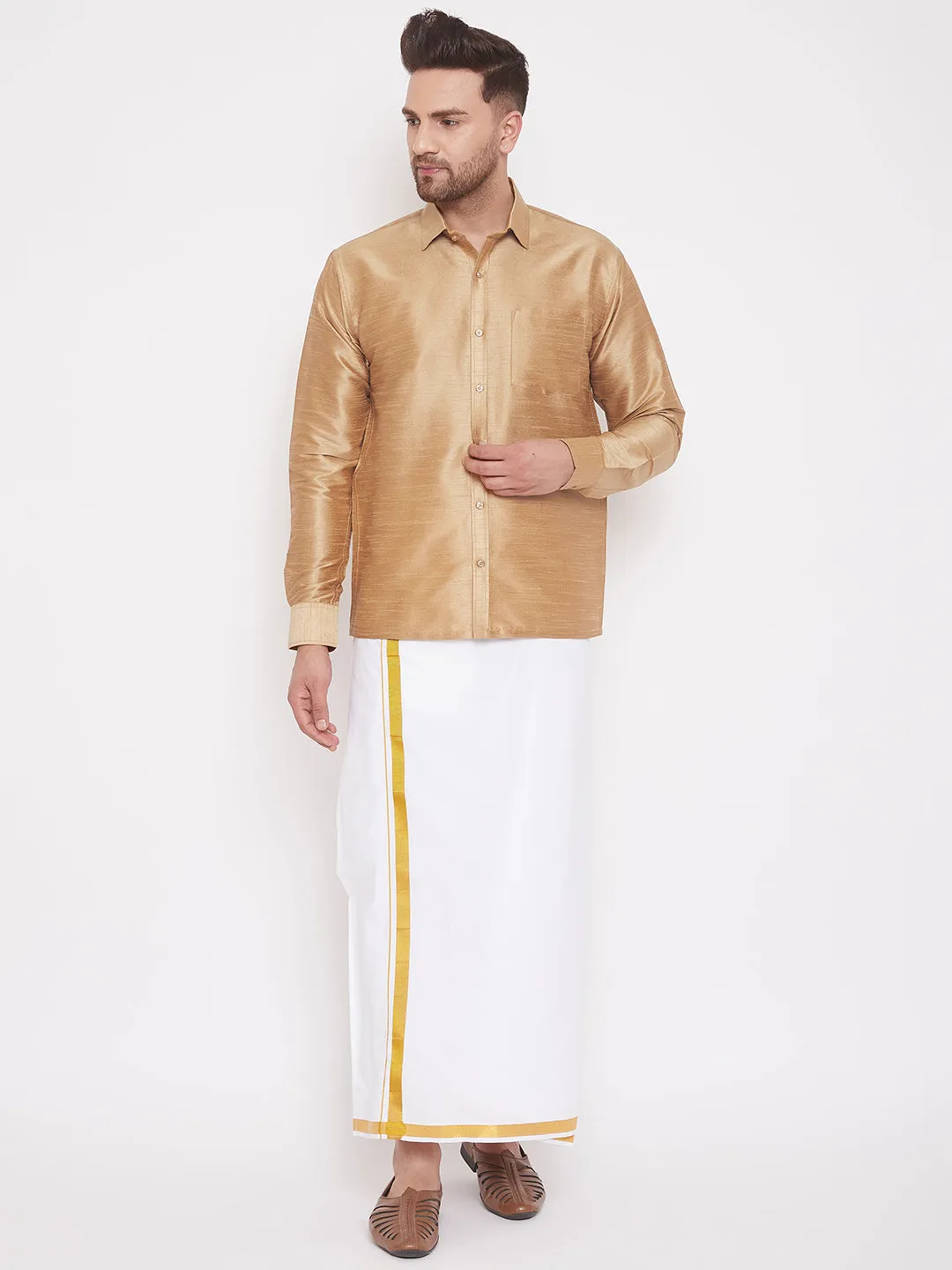 Jashvi Men's Rose Gold Silk Blend Ethnic Shirt