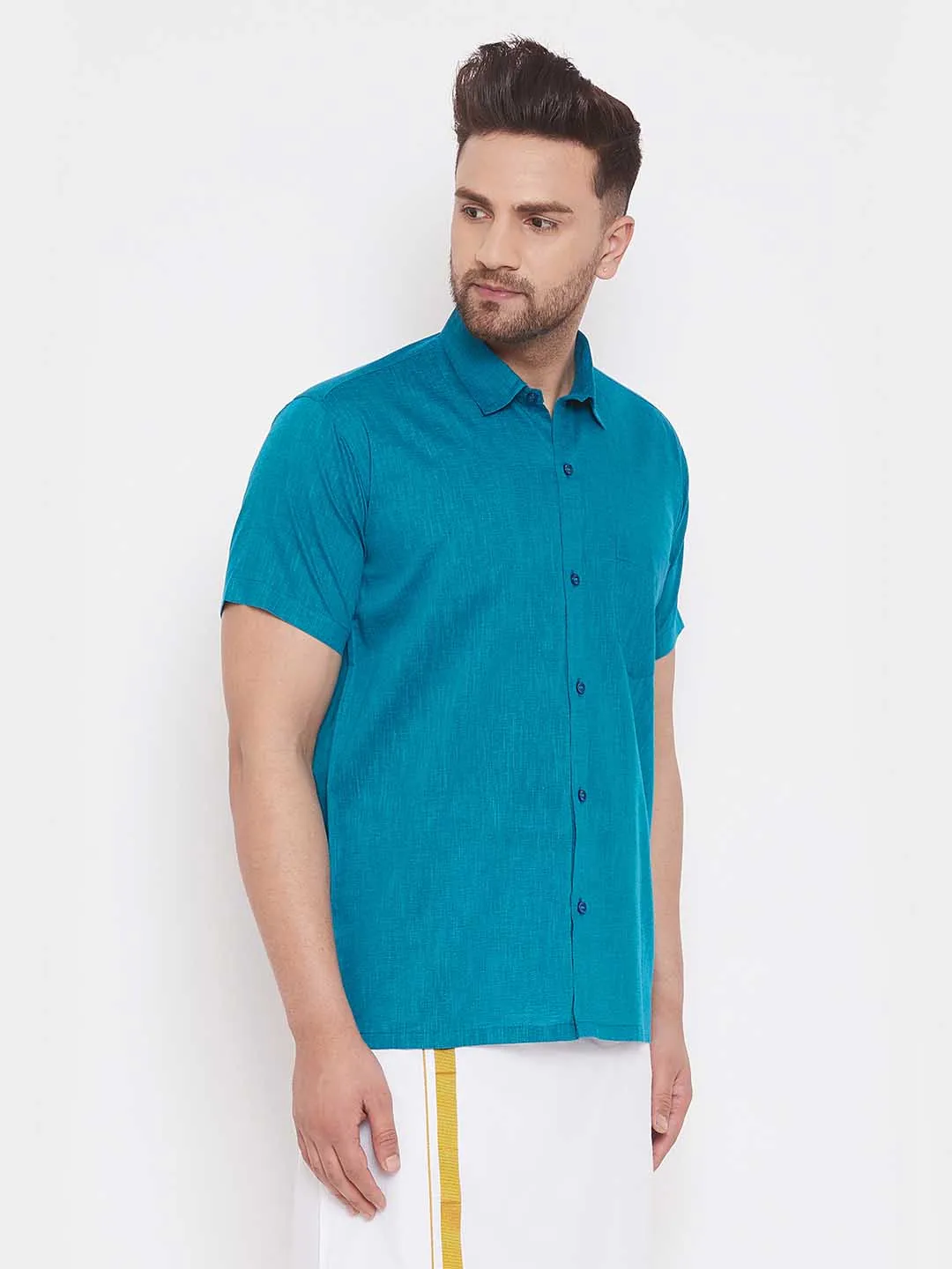 Jashvi Men's Turquoise Cotton Blend Ethnic Shirt