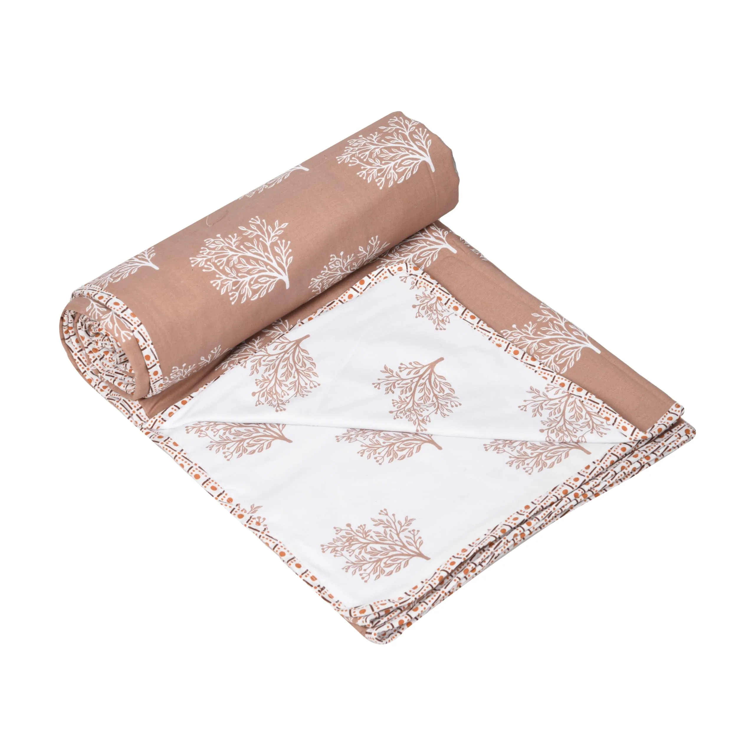 Kuber Industries Blanket | Cotton Double Bed Dohar | Reversible AC Blanket | All-Season Bed Blanket | Lightweight & Portable Blanket for Travelling | White Tree-Print | Brown