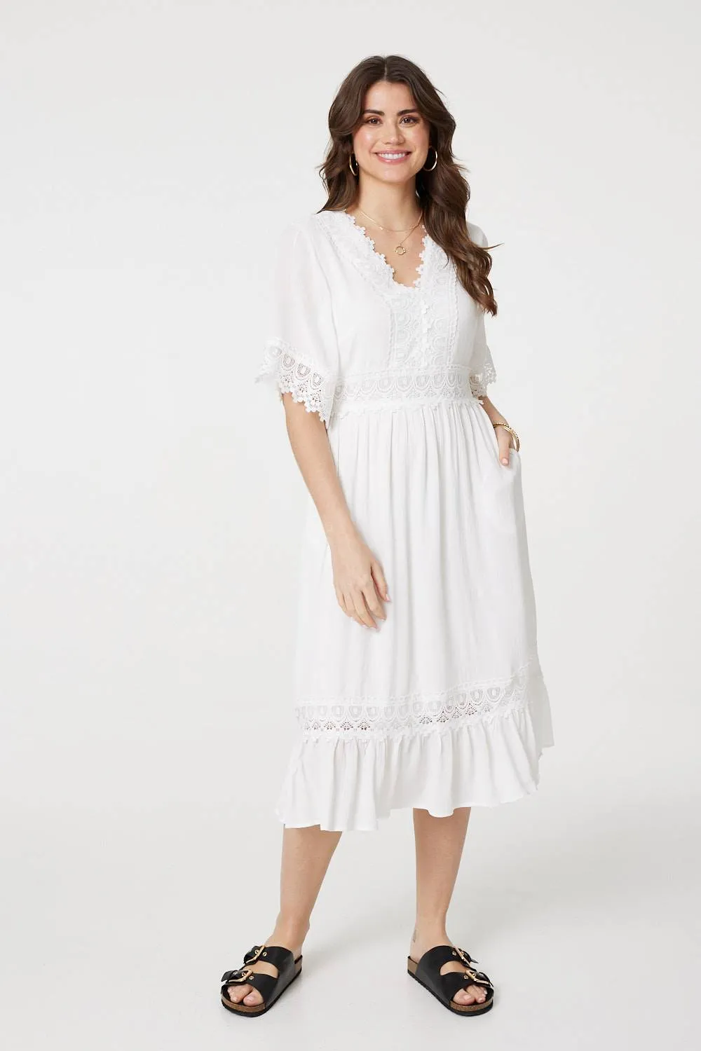 Lace Trim 3/4 Sleeve Midi Dress