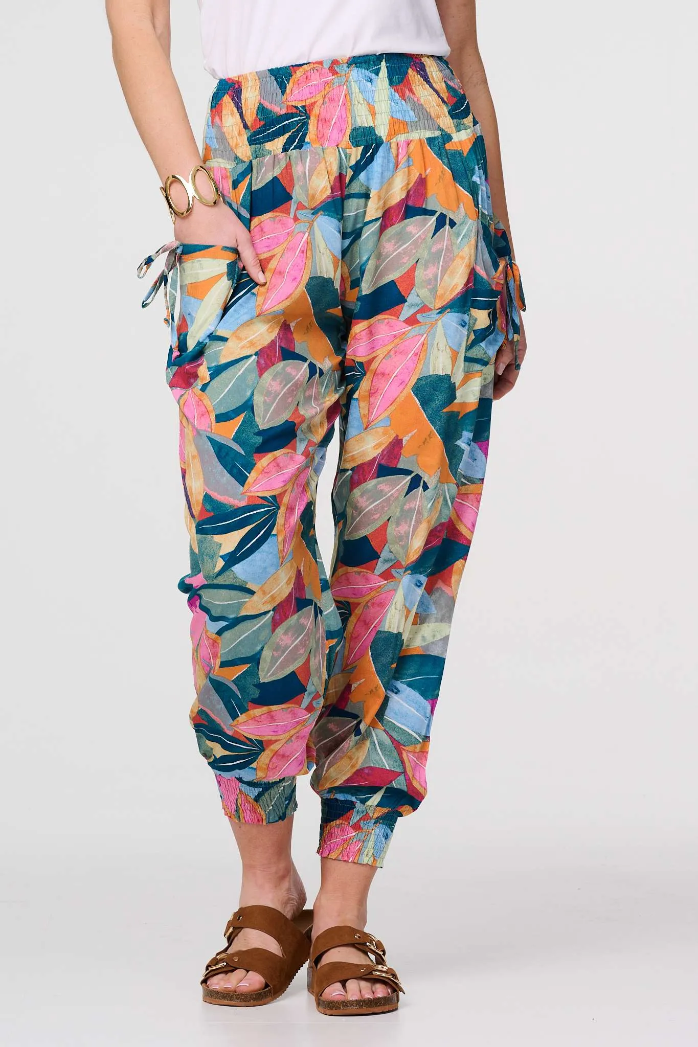 Leaf Print Tassel Pocket Harem Pants