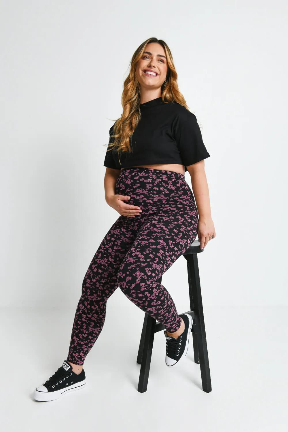 Maternity Everyday Leggings - Black/Burgundy Floral