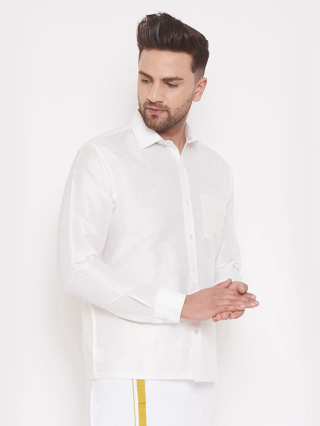 Men's White Cotton Silk Blend Ethnic Shirt - Vastramay