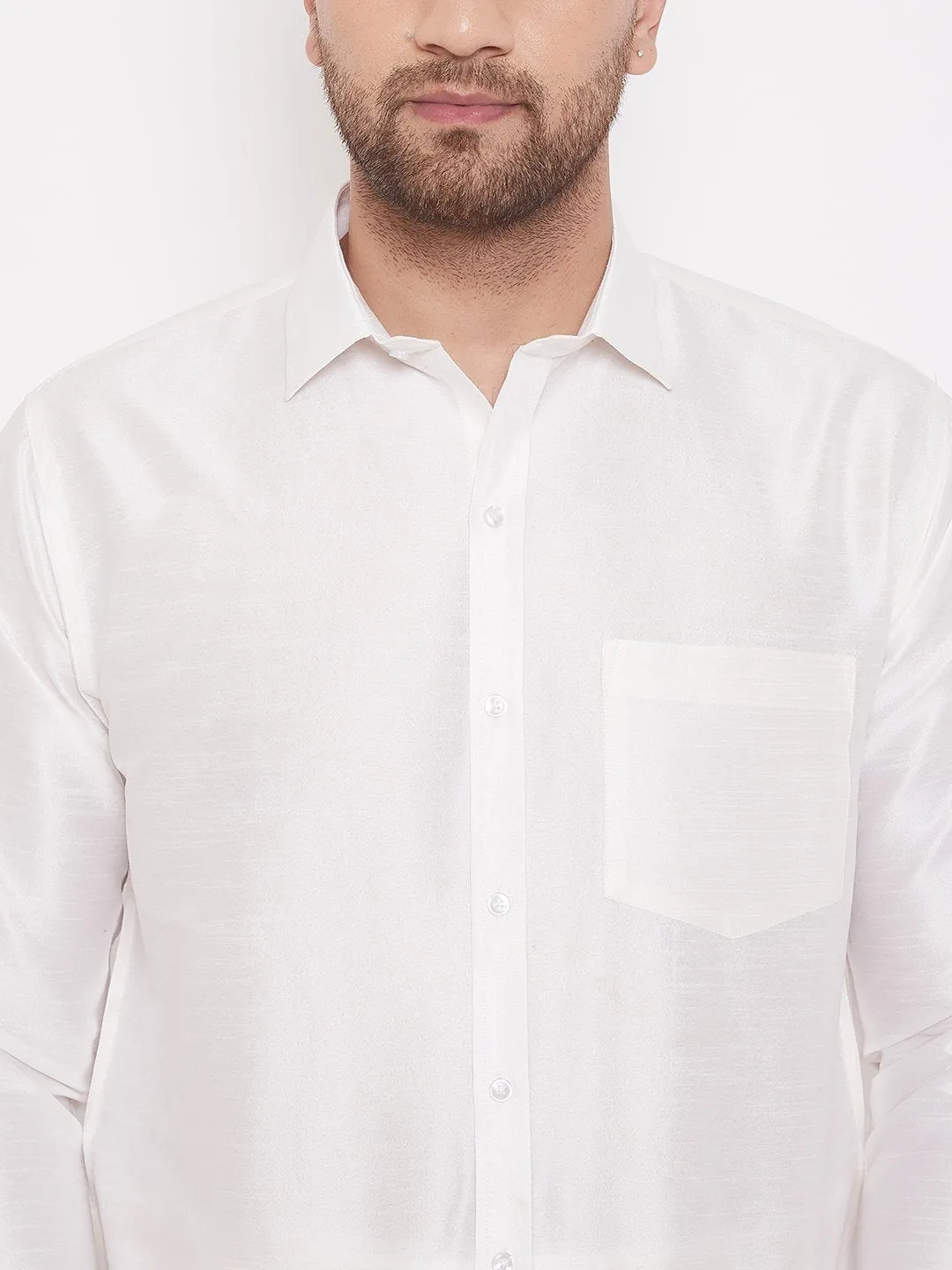 Men's White Cotton Silk Blend Ethnic Shirt - Vastramay