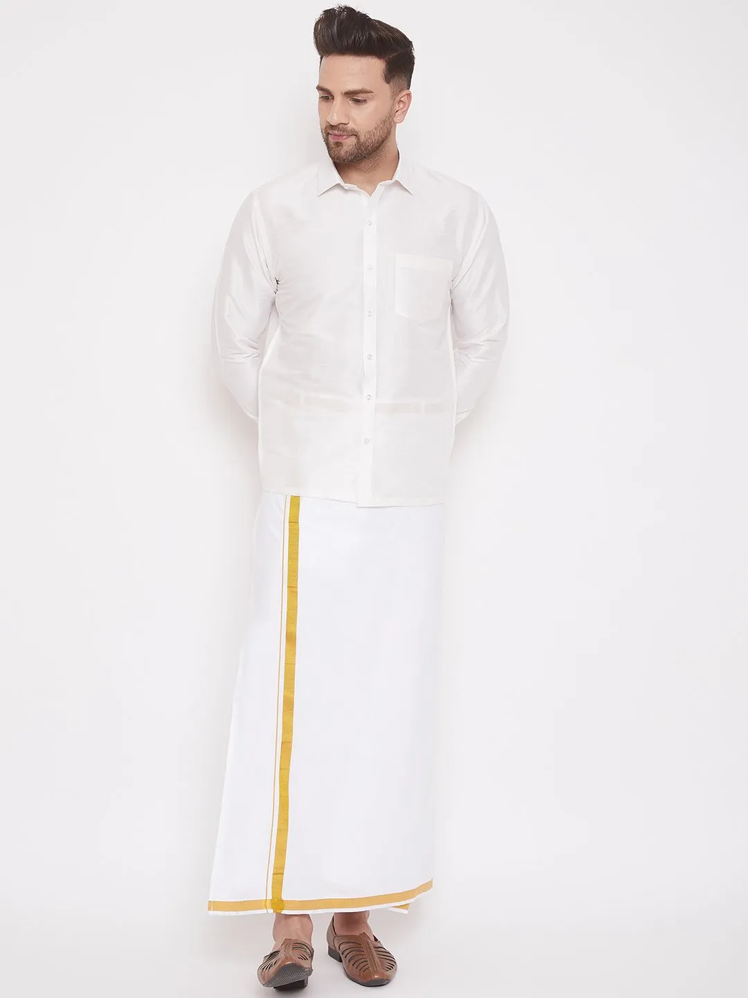 Men's White Cotton Silk Blend Ethnic Shirt - Vastramay