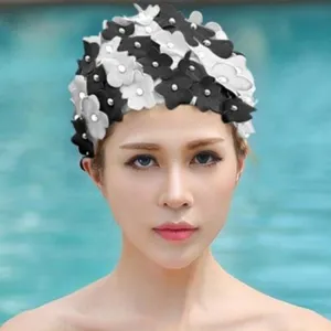 Pearl Three-dimensional Handmade Flower Swimming Cap for Women(Black White)