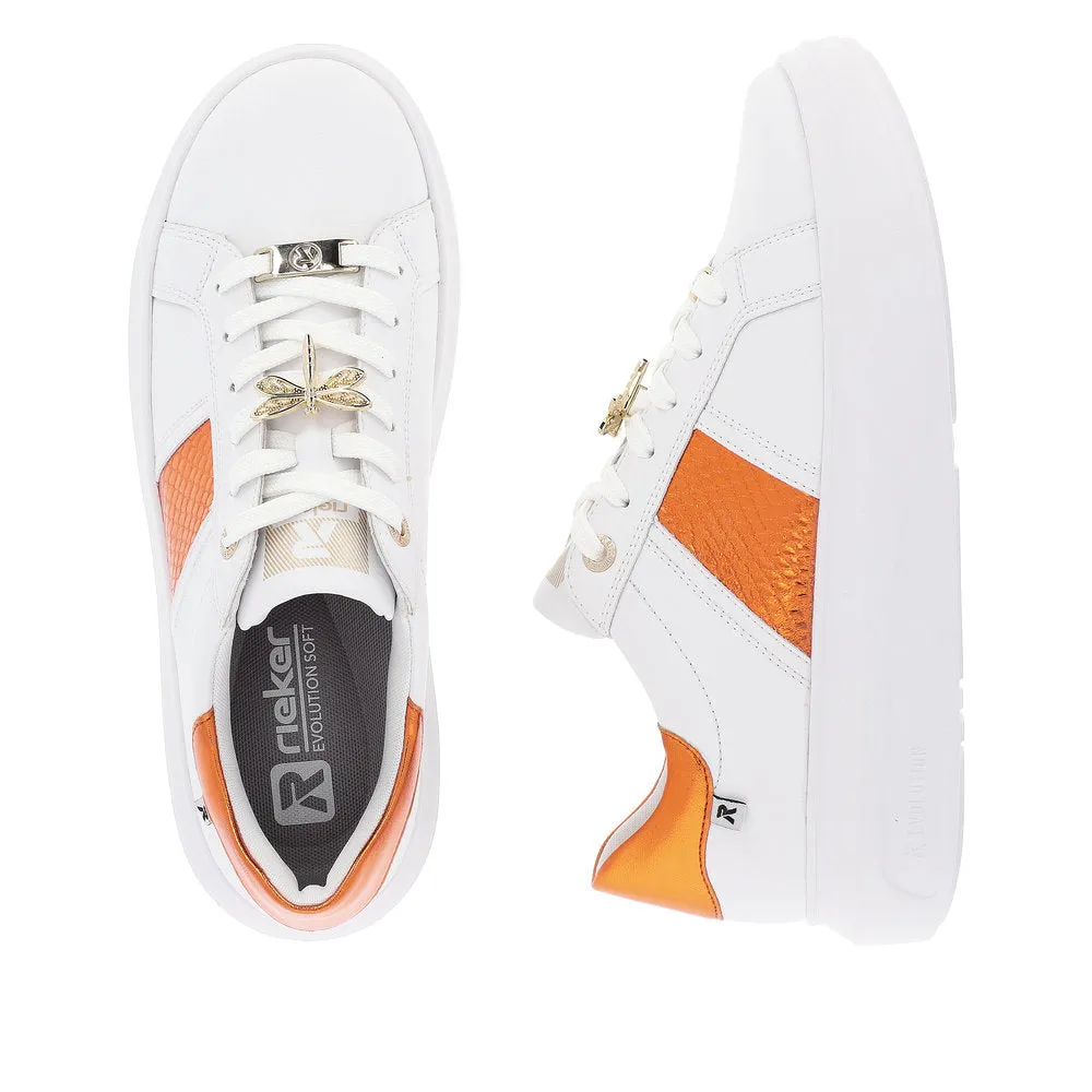 Rieker W1202-80 Adelia Ladies White & Orange Leather Lace Up Trainers