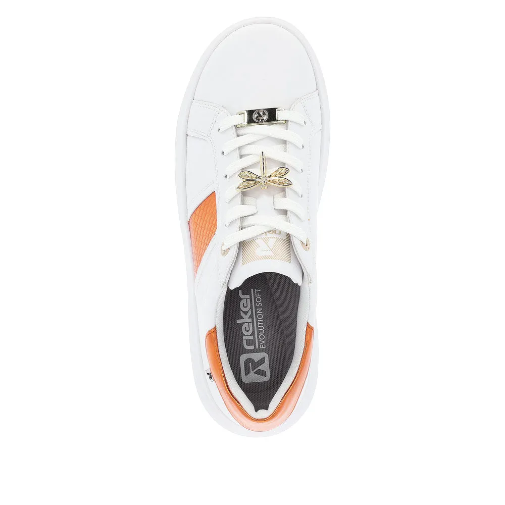 Rieker W1202-80 Adelia Ladies White & Orange Leather Lace Up Trainers